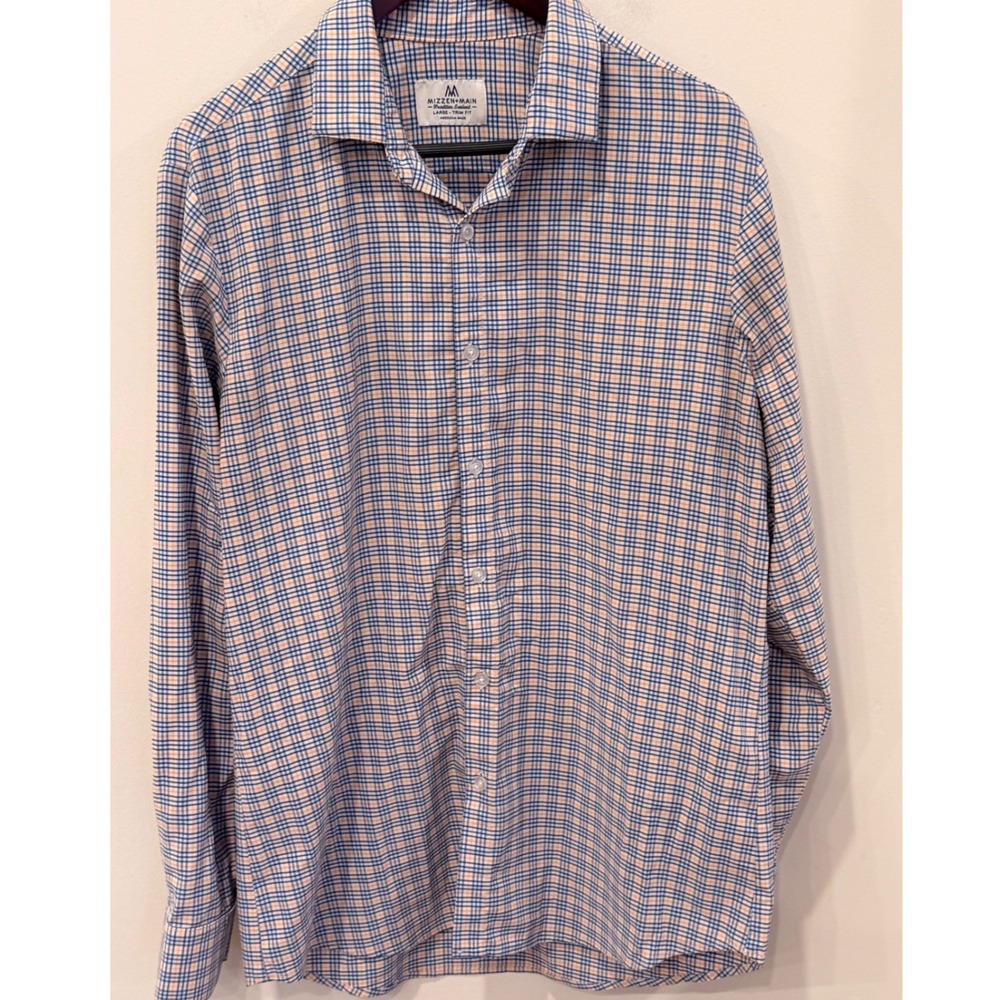 Mizzen+Main Mens Trim Fit Performance Dress Shirt Blue Orange Check Large